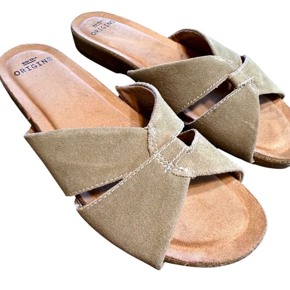 Earth Origins Lexi Sedona Brown Suede Slide Sandals Womens 8.5 M Low Wedge Boho‎